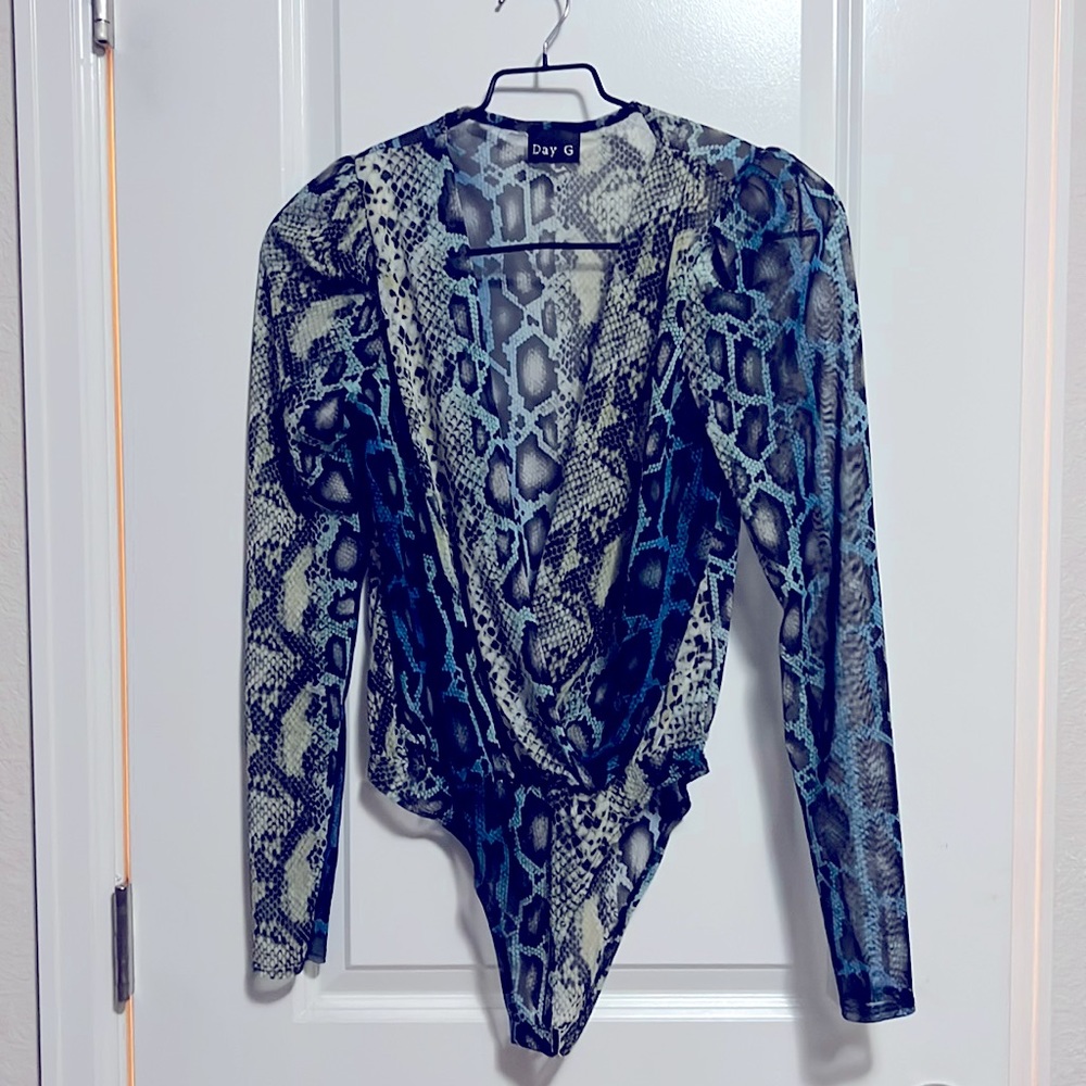 Snake Print Body Suit In Blue, Green, And Black